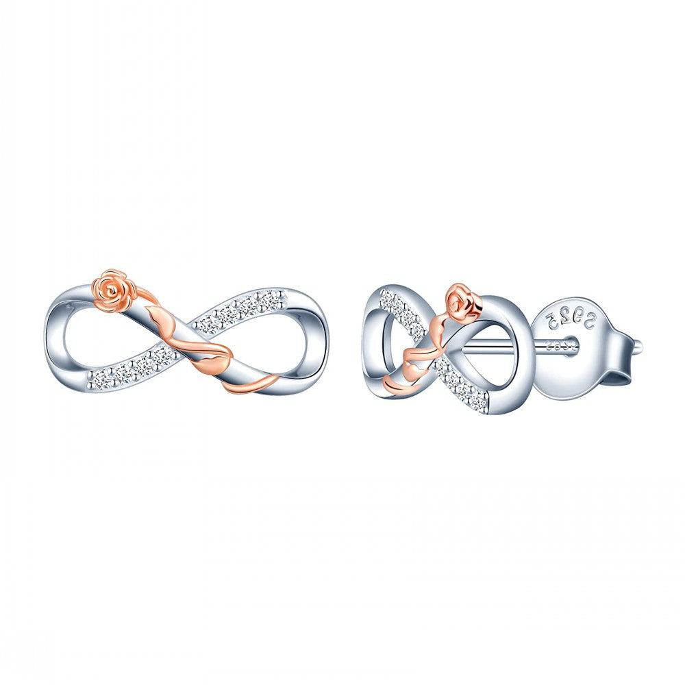 Infinity with Rose Two Tone CZ Stud Earrings