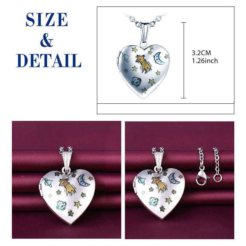 Infinionly Moon Planet Heart Photo Locket Necklace