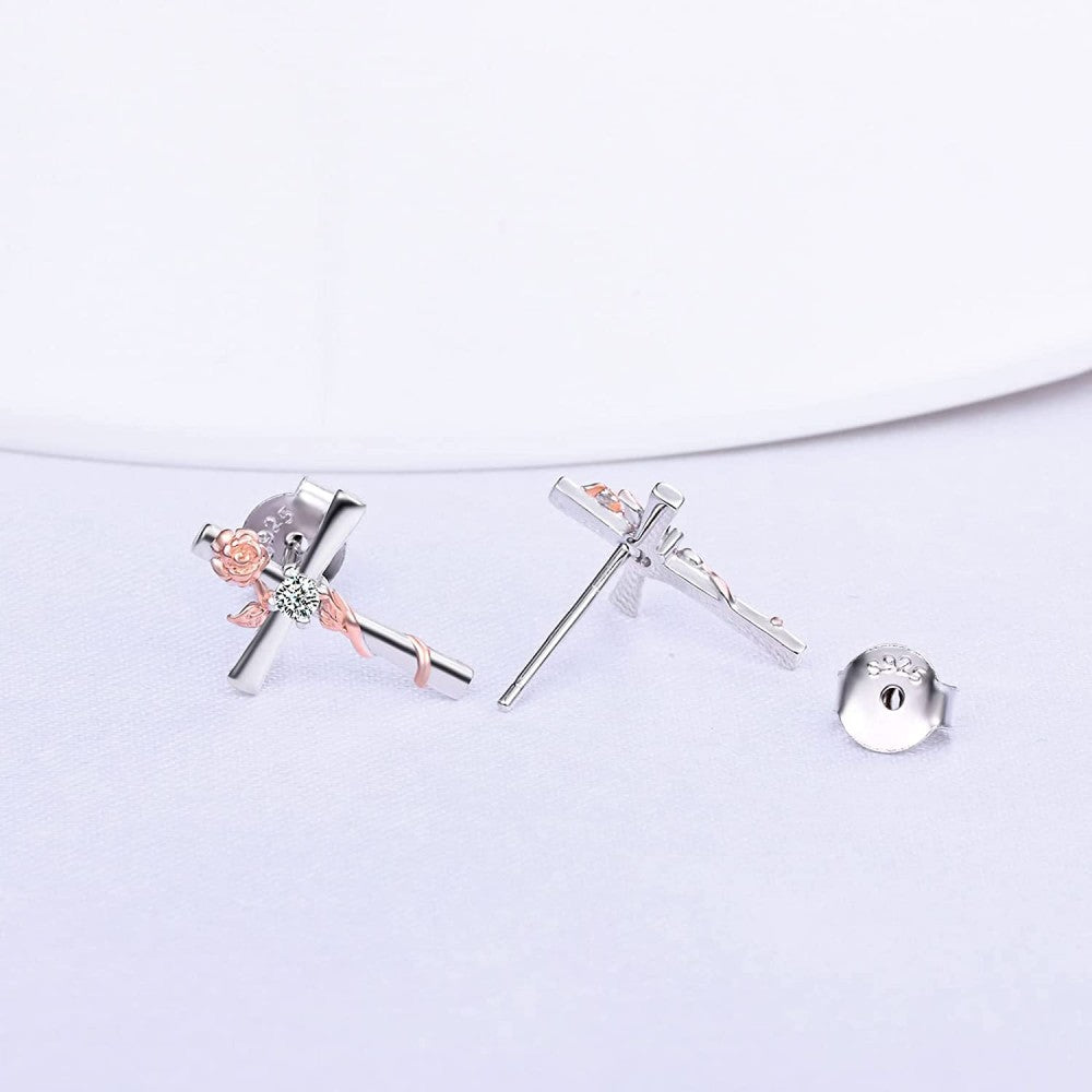 Rose Cross Two Tone CZ Stud Earrings