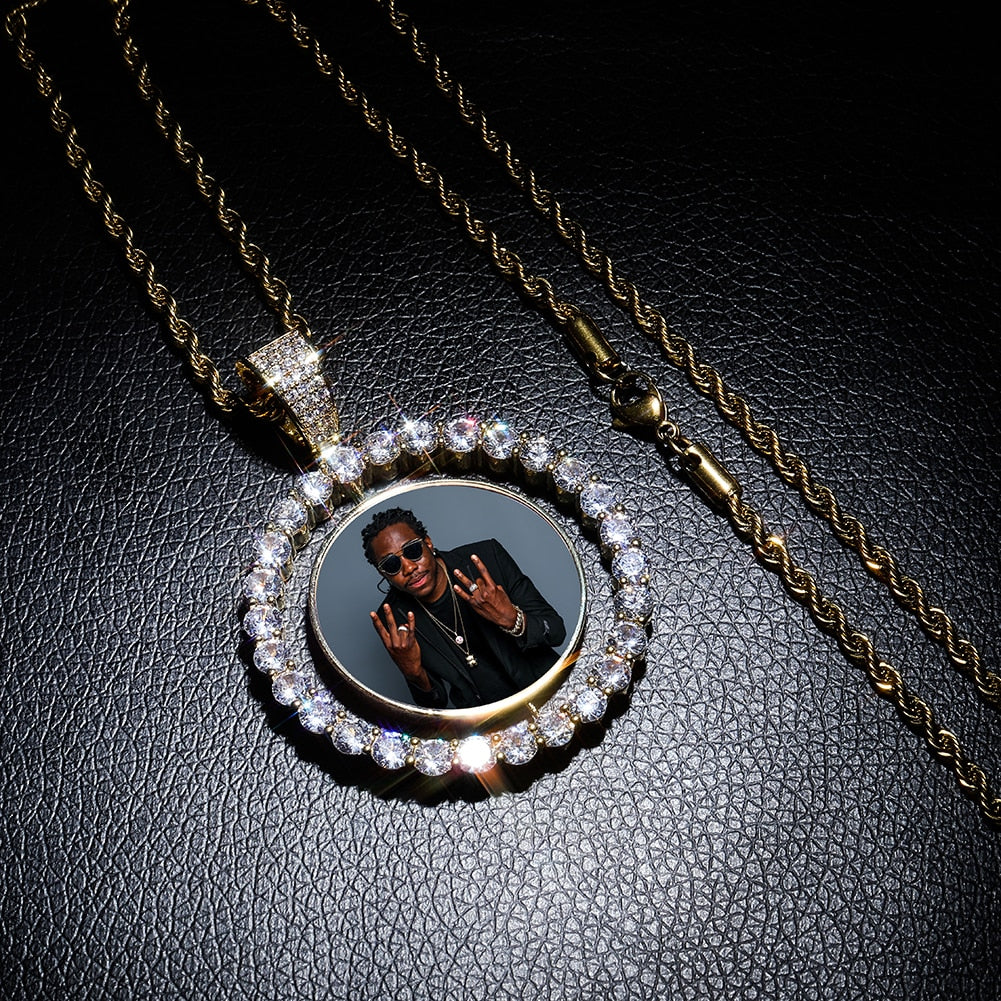 Infinionly Custom Made Photo Rotating Double-sided Medallions Necklace