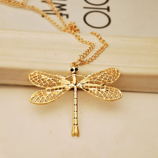 Gold Vintage Carved Dragonfly Necklace