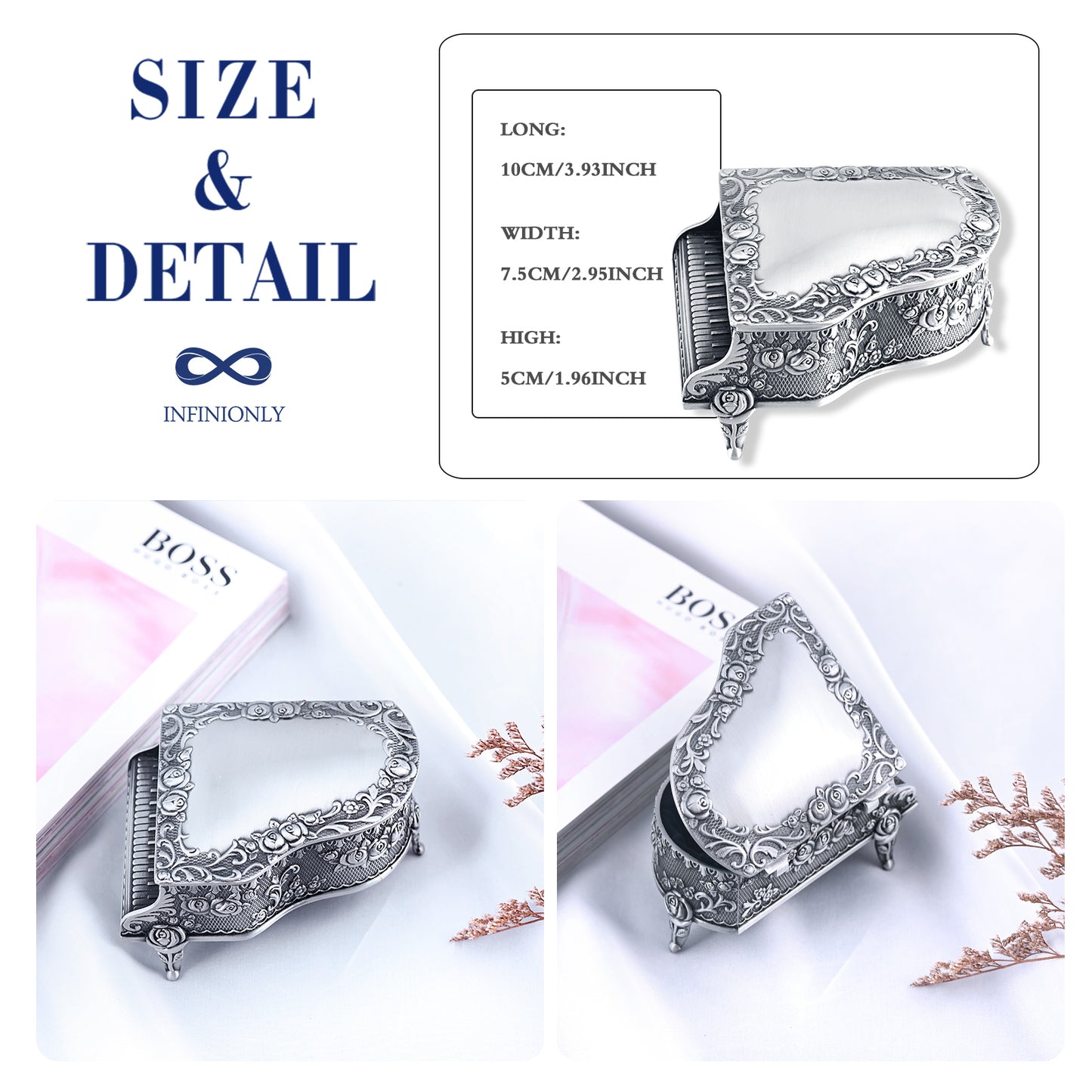 Infinionly Rose Carving Piano Type Princess Jewelry Box