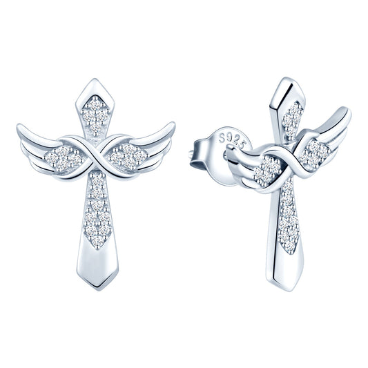 Angel Wing Infinity Cross Symbol CZ Stud Earrings