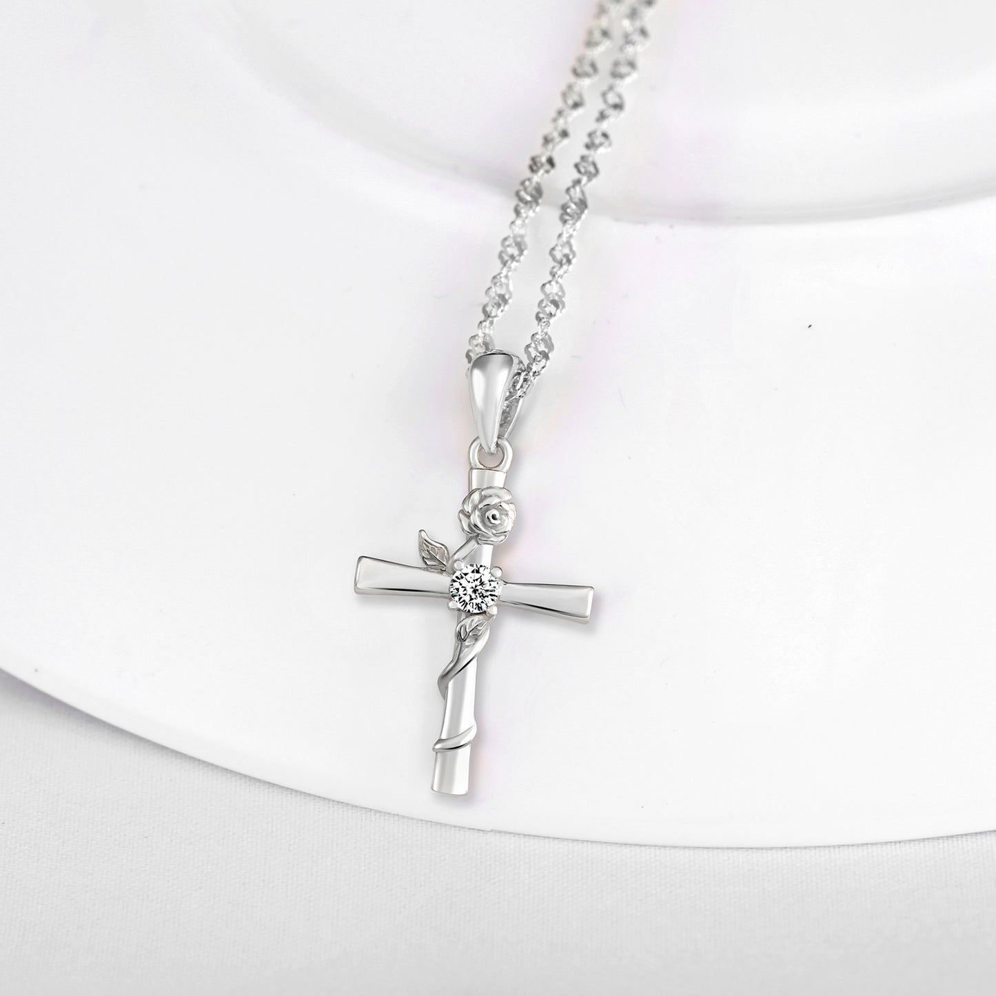 Cross with Rose CZ Necklace