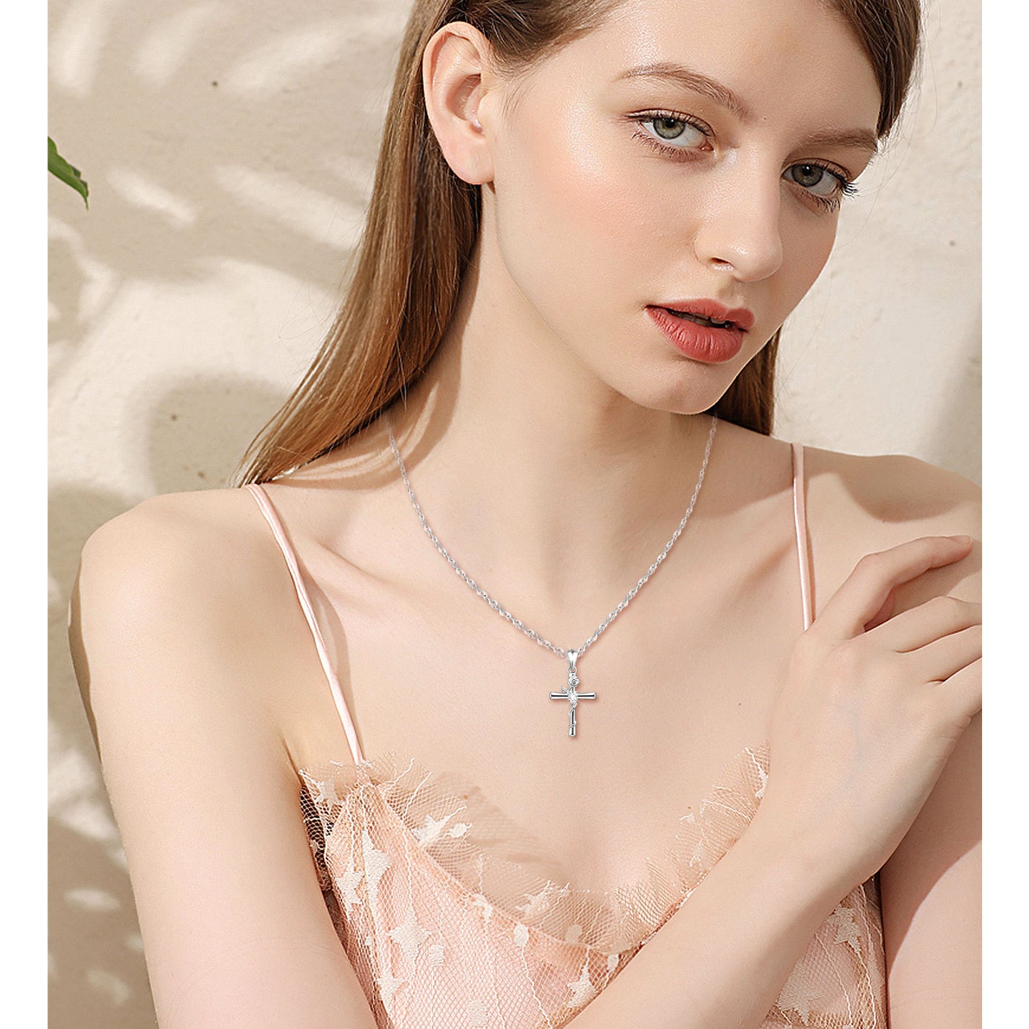 Cross with Rose CZ Necklace