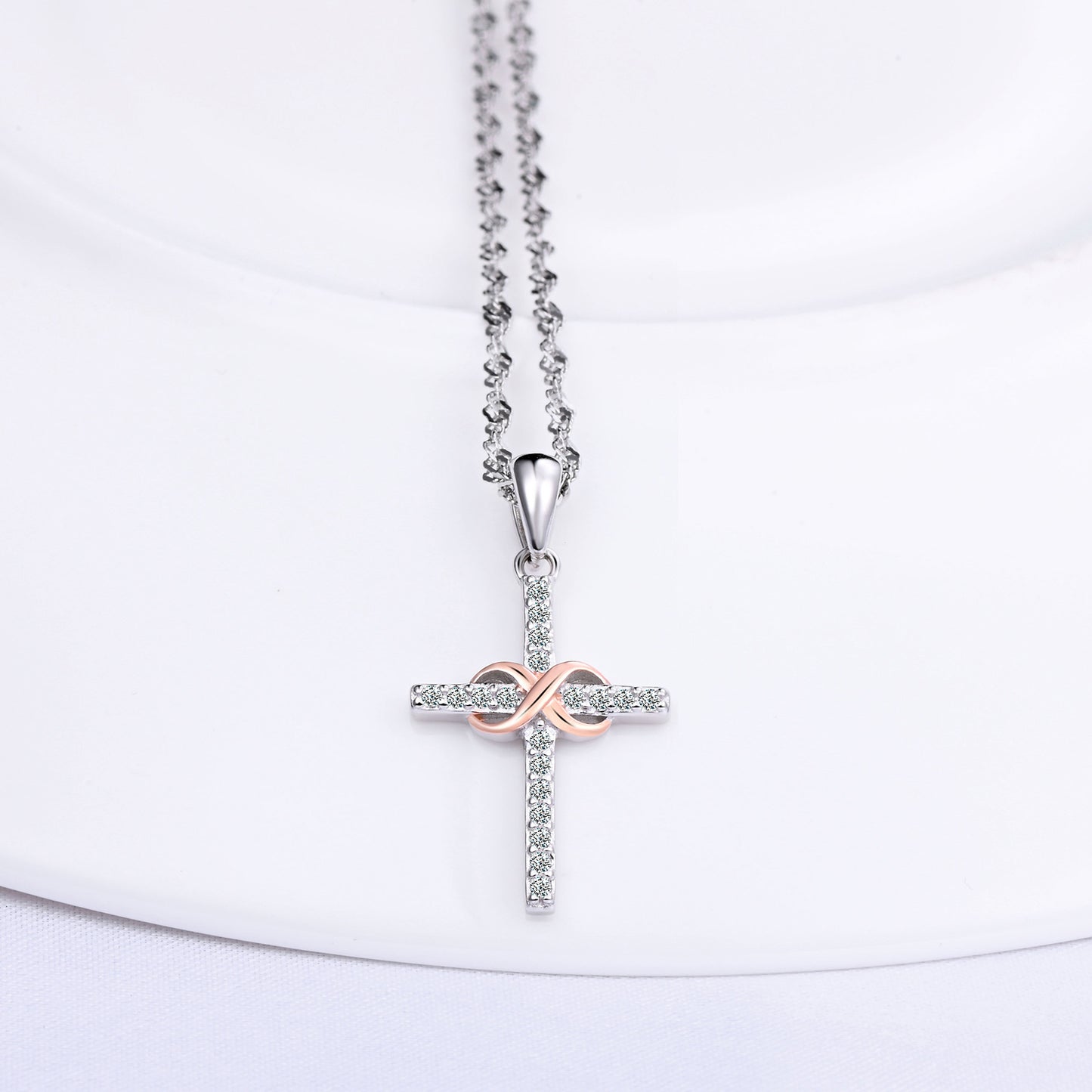 Infinity with Cross Two Tone CZ Necklace