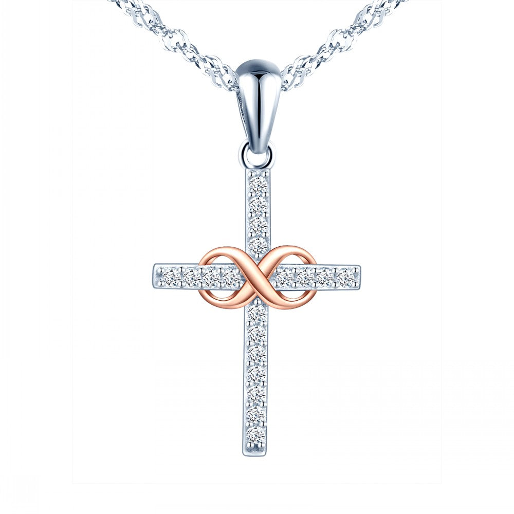 Infinity with Cross Two Tone CZ Necklace