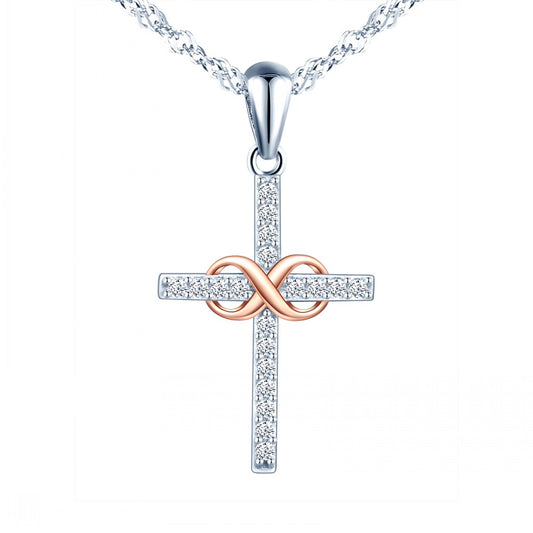 Infinity with Cross Two Tone CZ Necklace