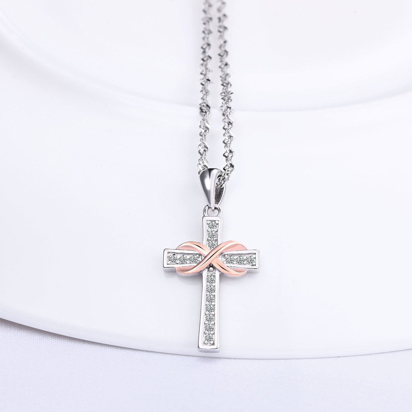 Slim Infinity Cross Two Tone CZ Necklace