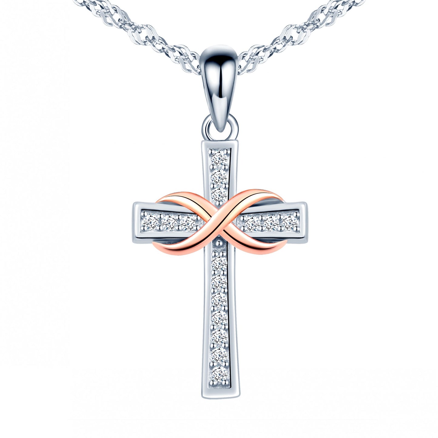 Slim Infinity Cross Two Tone CZ Necklace