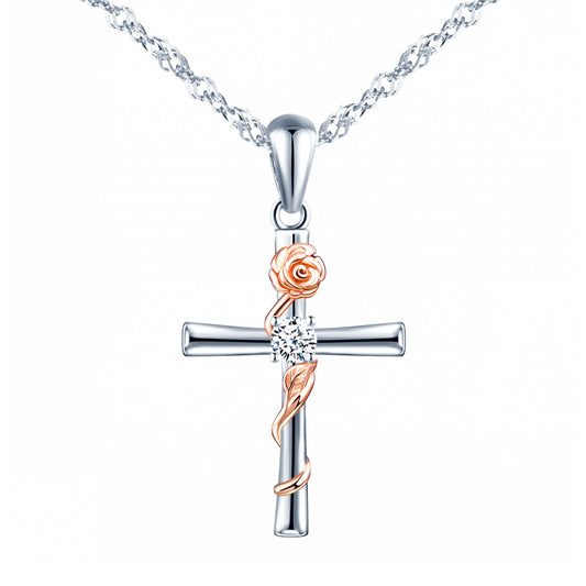 Cross with Rose Two Tone CZ Necklace