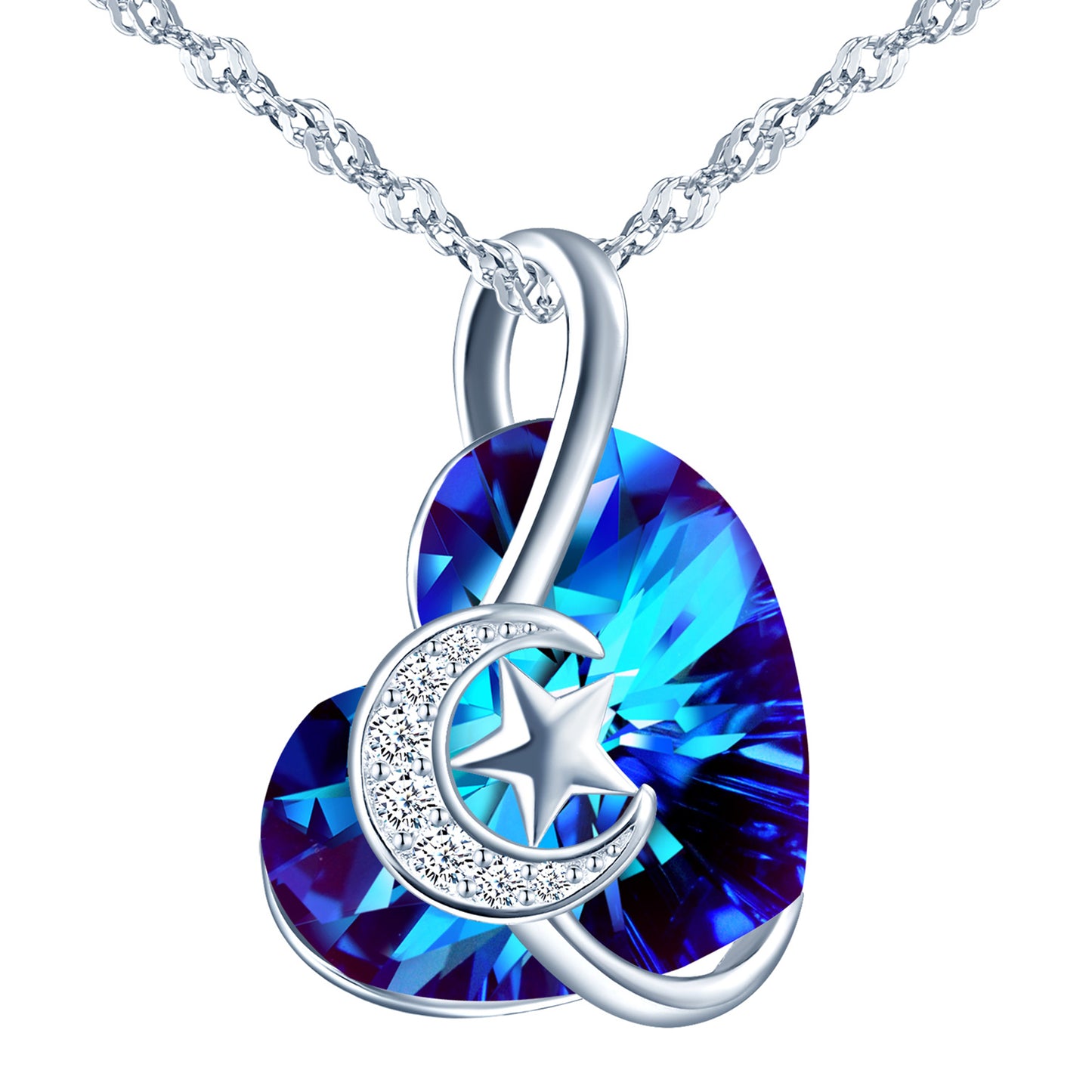 Zircon Crescent Moon and Star Heart Crystal Necklace