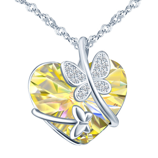 Butterfly with Heart Crystal CZ Necklace