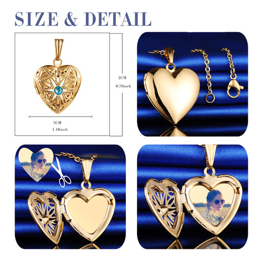 Infinionly Skeleton Glass Blue Zircon Heart Photo Locket Necklace