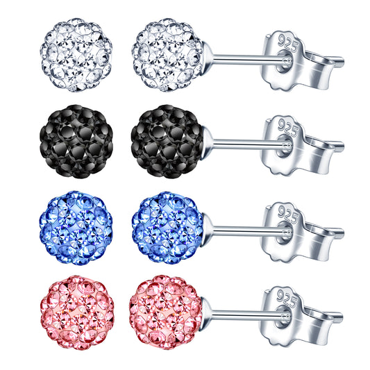 Infinionly 4 Pairs Of 6MM S925 Silver Shambhala Crystal Ball Earrings Set