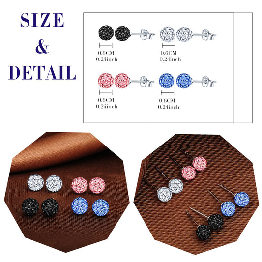 Infinionly 4 Pairs Of 8MM Silver Shambhala Crystal Ball Earrings Set