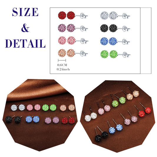 Infinionly 8 Pairs Of 6MM S925 Silver Shambhala Crystal Ball Earrings Set