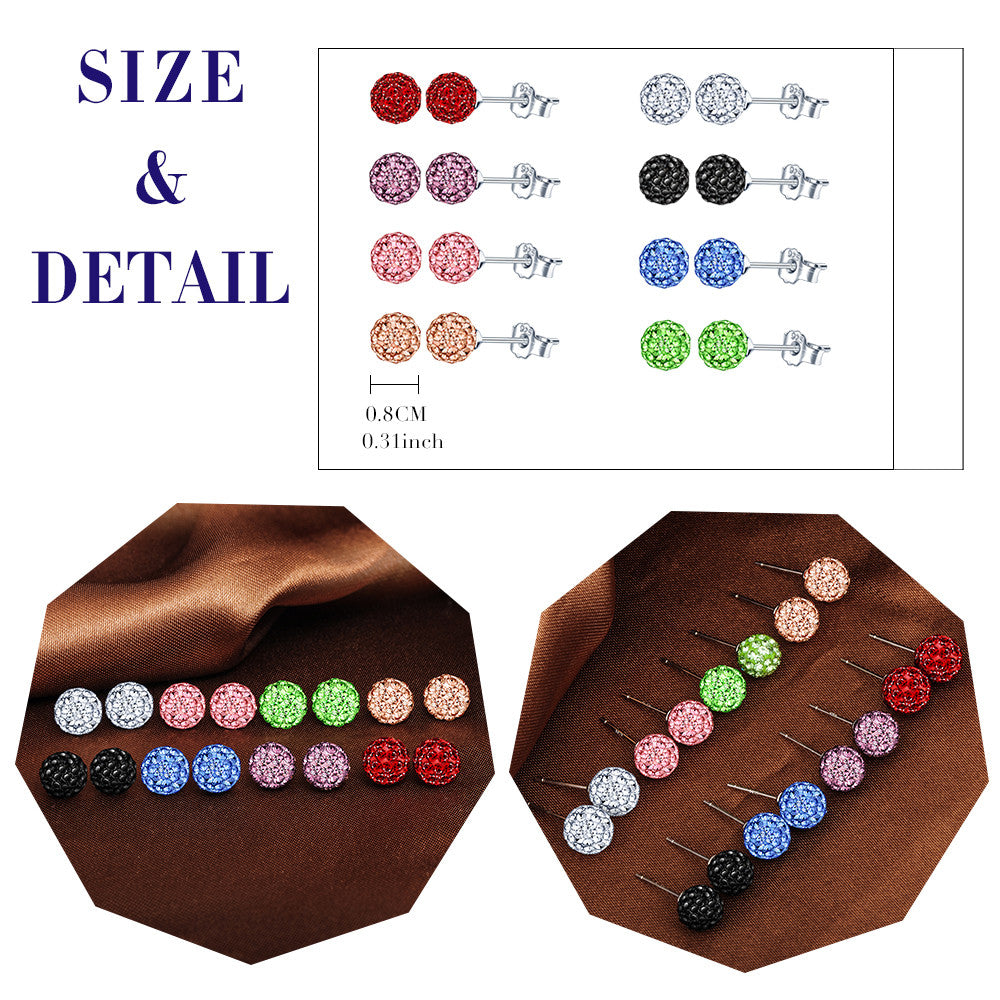 Infinionly 8 Pairs Of 8MM S925 Silver Shambhala Crystal Ball Earrings Set