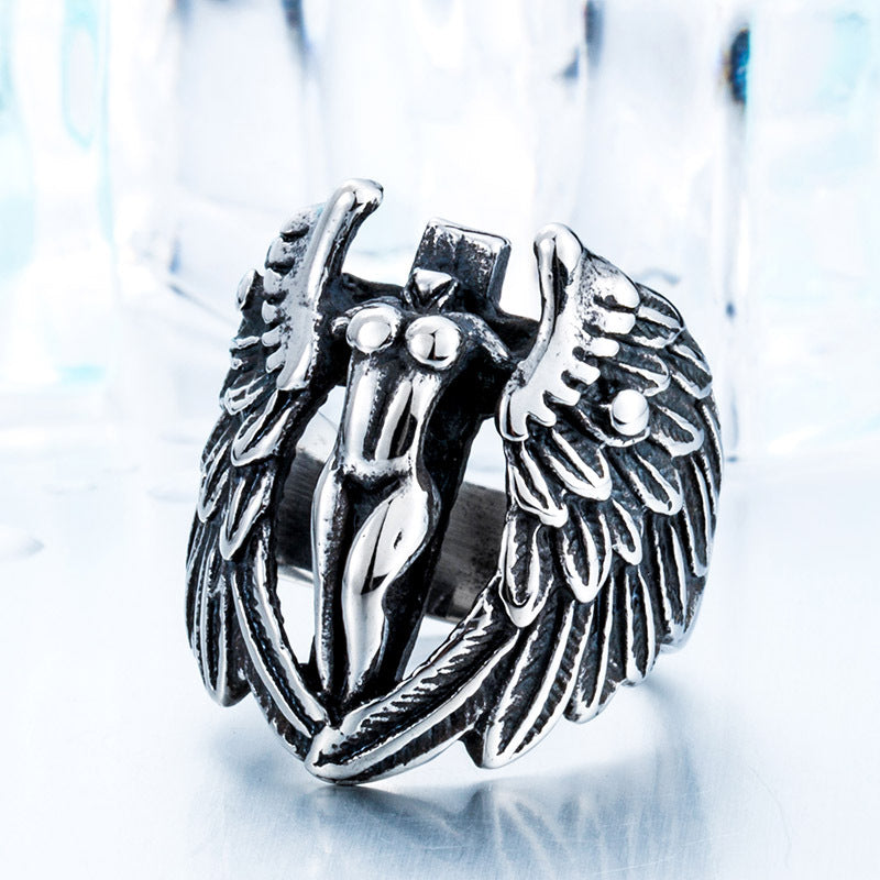 Infinionly Simple Cross Wings Titanium Steel Ring