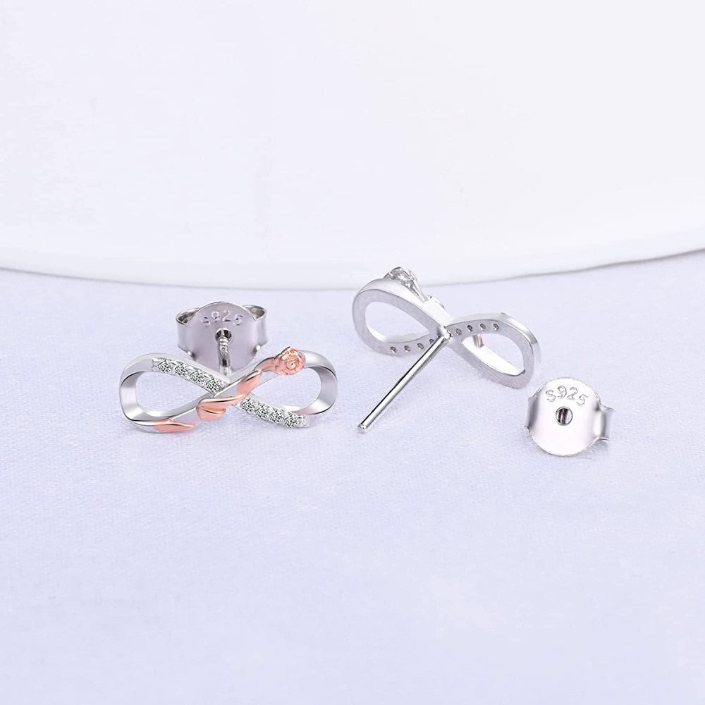 Infinity with Rose Two Tone CZ Stud Earrings